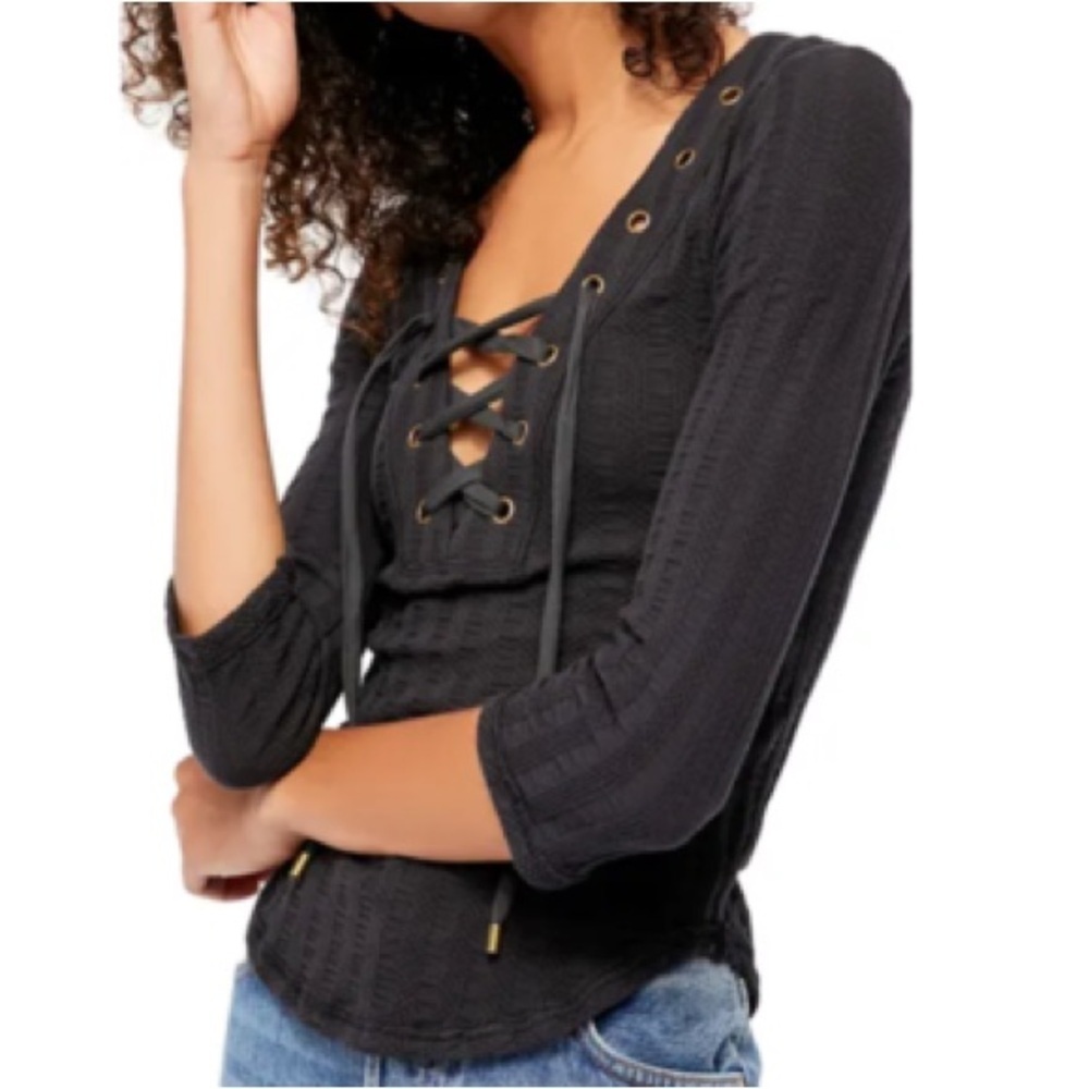 Free People Ice Cold Lace Up Grommet Ribbed Top Dark Gray Small
